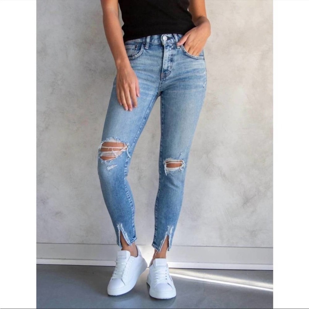 MOUSSY VINTAGE Ithan Distressed Raw Hem Ripped Ankle Mid-Rise Stretch Jeans 24